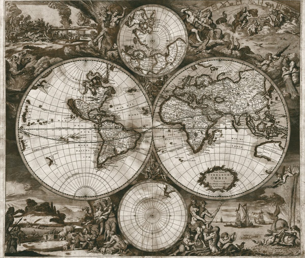 Engraved double-hemisphere world map, Gerard van Schagen, 1689